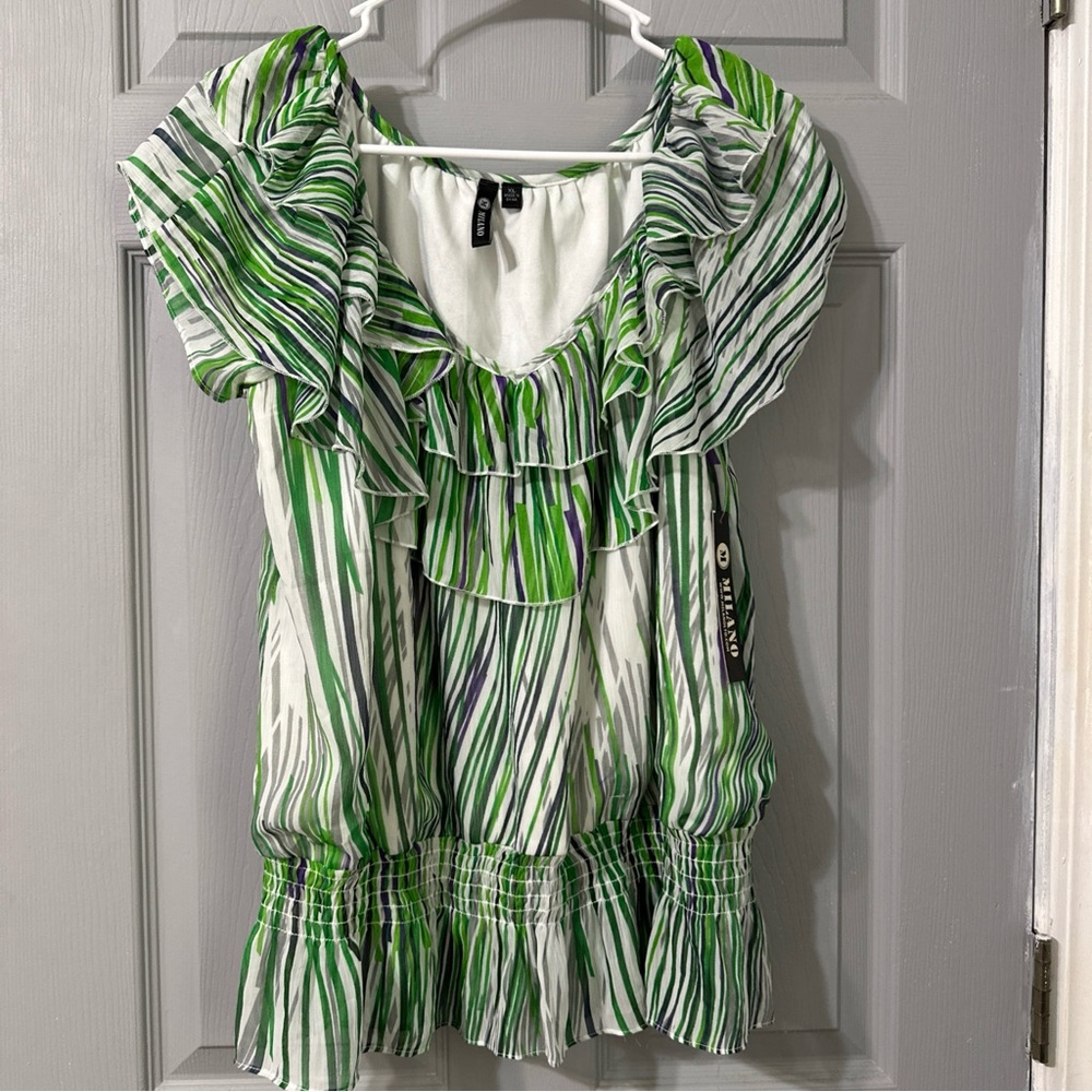 Milano Green and White Ruffled Short Sleeve Blouse